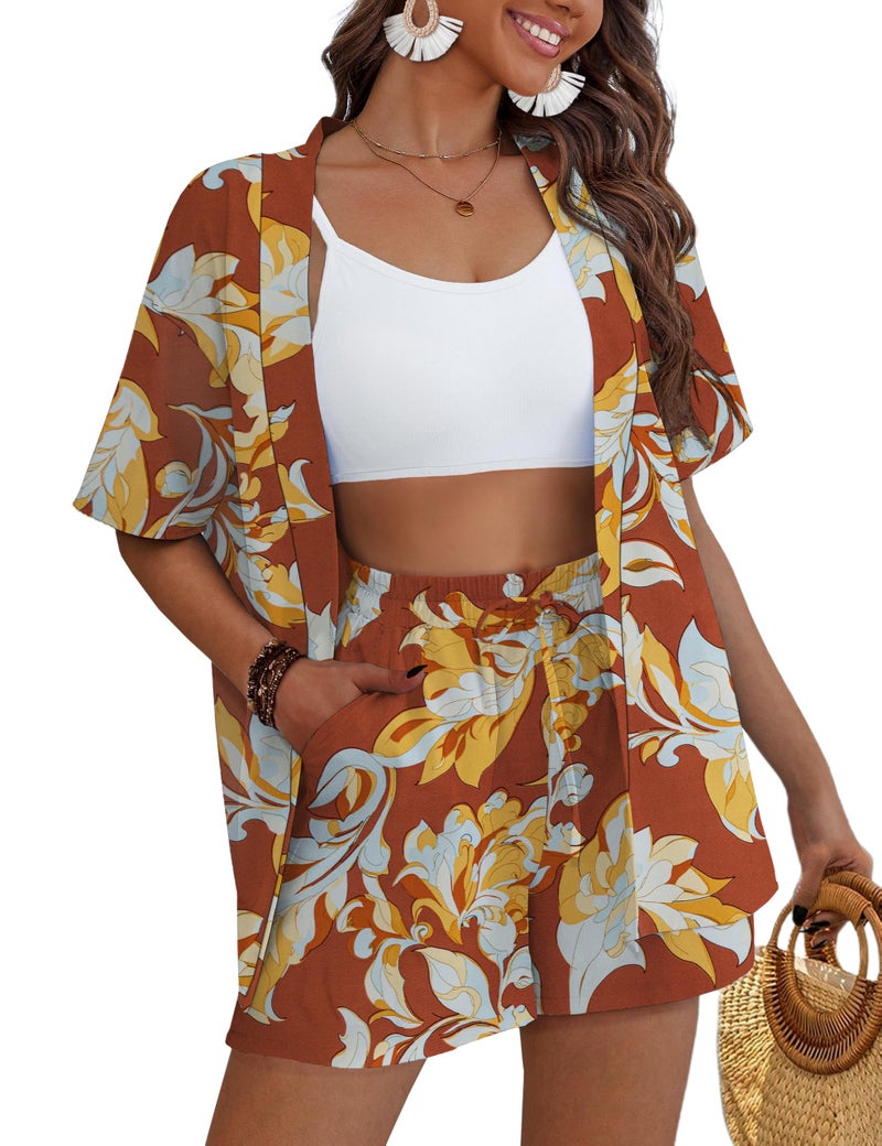 REDHOTYPE Women's Vacation Outfits Cover Ups Tropical Print Shorts Set Kimono Style Summer Beachwear,Orange,Large - Image 1