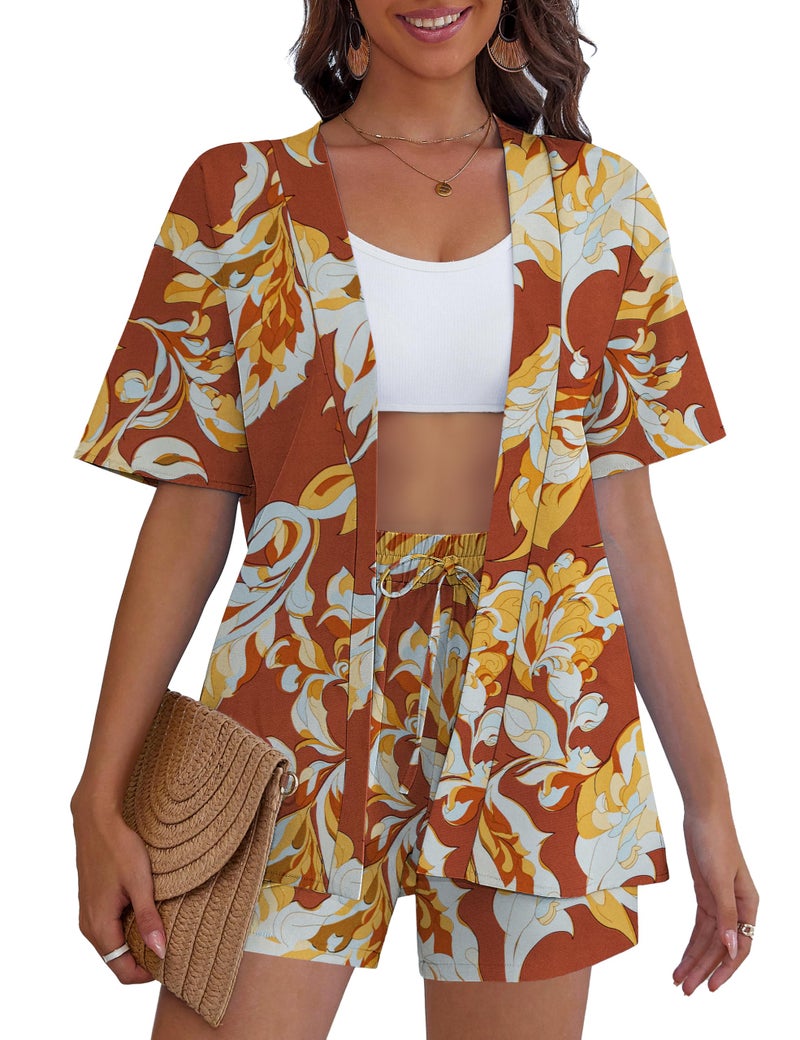 REDHOTYPE Women's Vacation Outfits Cover Ups Tropical Print Shorts Set Kimono Style Summer Beachwear,Orange,Large - Image 2