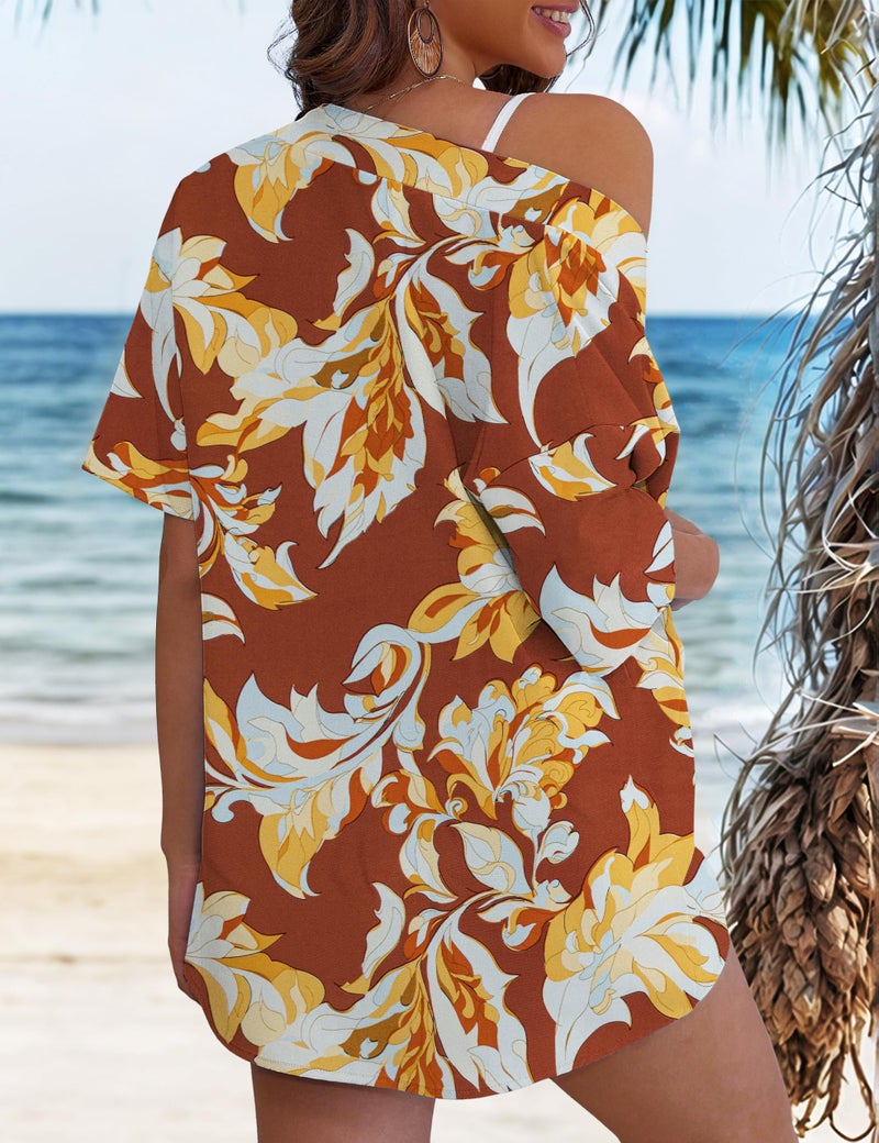 REDHOTYPE Women's Vacation Outfits Cover Ups Tropical Print Shorts Set Kimono Style Summer Beachwear,Orange,Large - Image 5
