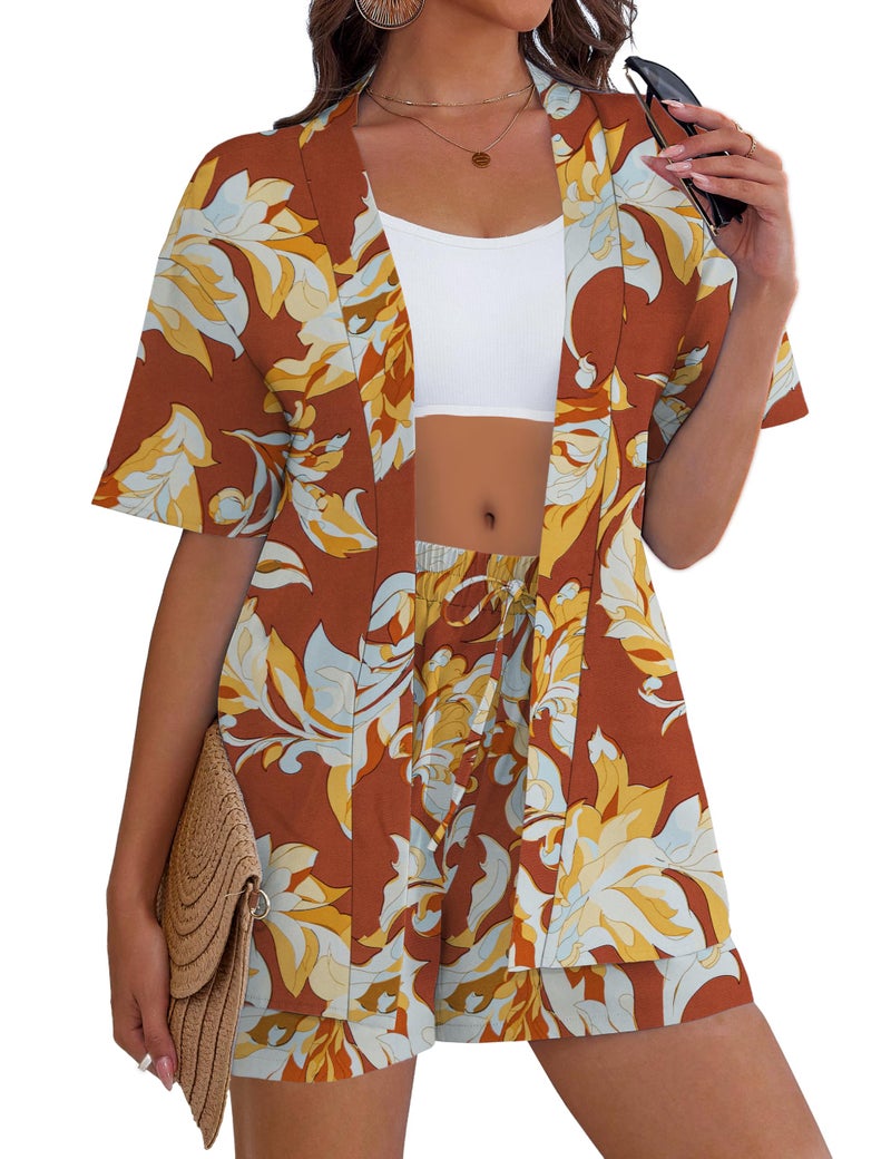REDHOTYPE Women's Vacation Outfits Cover Ups Tropical Print Shorts Set Kimono Style Summer Beachwear,Orange,Large - Image 3