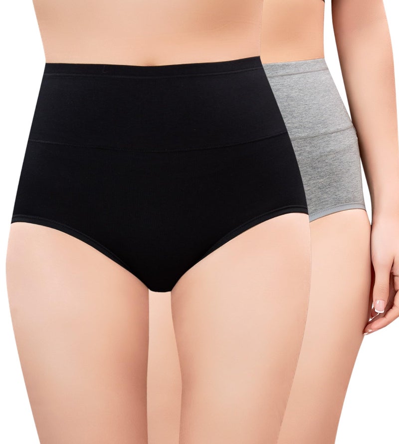 PLUMBURY Women High Waist Cotton Underwear Full Brief Panty, Size M to XXL (Pack of 2 Panty) Grey/Black - Image 1