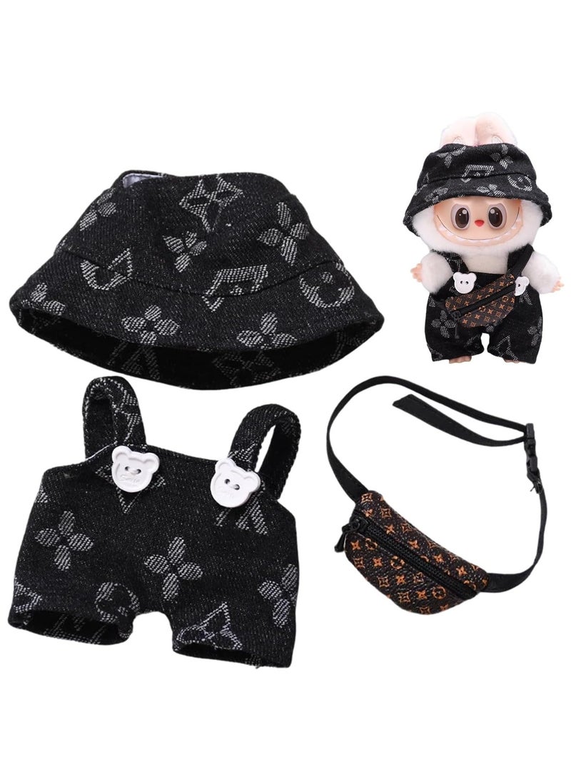 BRIXSPARK Doll Clothes for Labubu - Clothes Outfit Set for 17cm labubu - Fashion Hat+Overalls+Bag Outfit Set,Luxury Doll Clothing & Style Bundle(No Doll,Just Clothes)-Black + Bark Brown Bag 