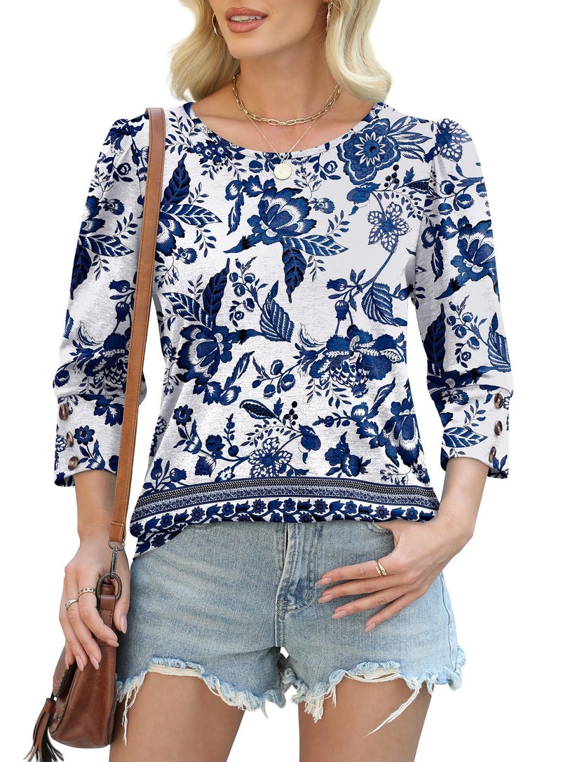 OFEEFAN Womens Shirts Dressy Casual Boho Tops Summer Outfits Beach Vacation Clothes Fashion Clothing 3/4 Length Sleeve Blouses Blue Floral L - Image 3