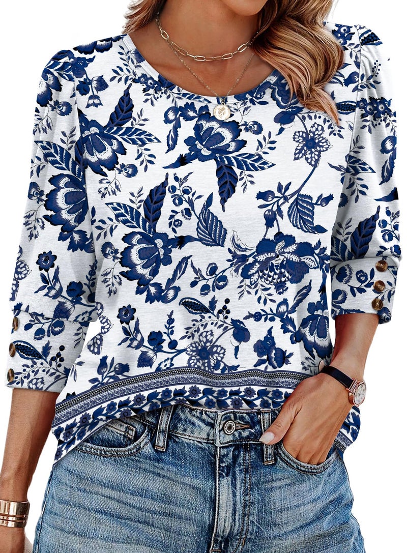 OFEEFAN Womens Shirts Dressy Casual Boho Tops Summer Outfits Beach Vacation Clothes Fashion Clothing 3/4 Length Sleeve Blouses Blue Floral L - Image 1