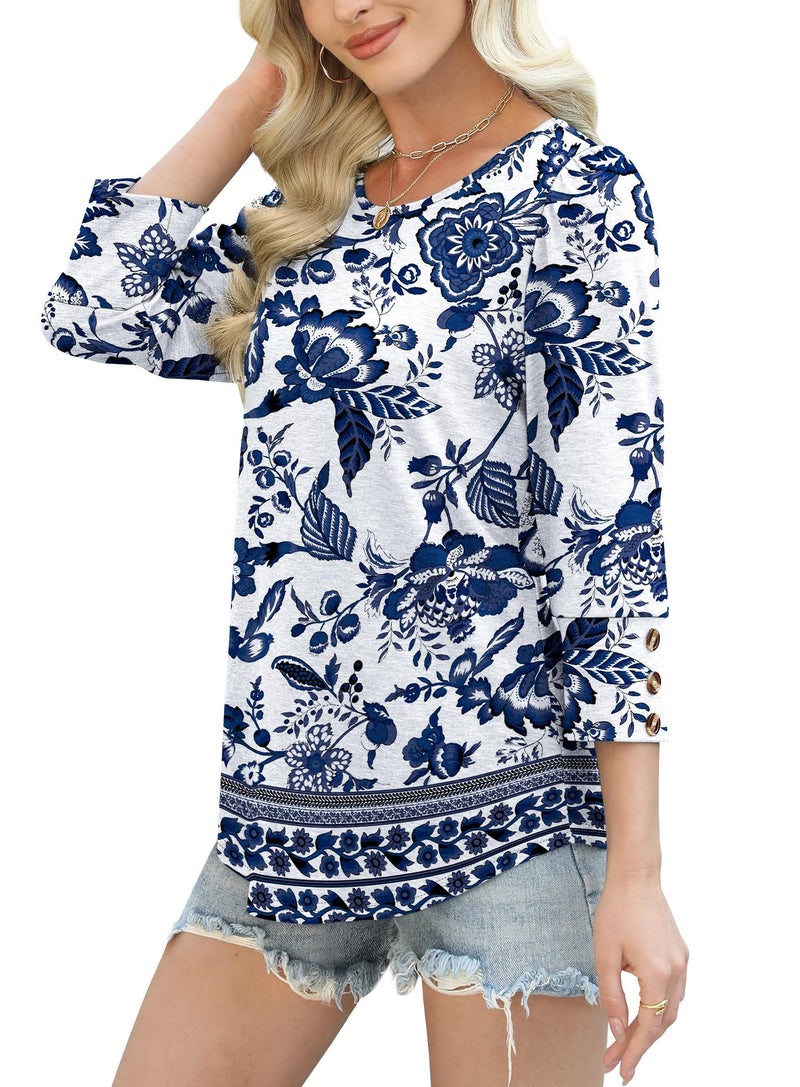 OFEEFAN Womens Shirts Dressy Casual Boho Tops Summer Outfits Beach Vacation Clothes Fashion Clothing 3/4 Length Sleeve Blouses Blue Floral L - Image 4