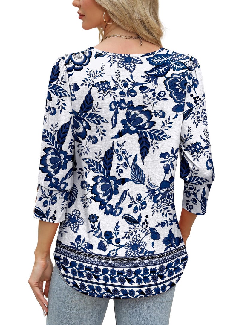 OFEEFAN Womens Shirts Dressy Casual Boho Tops Summer Outfits Beach Vacation Clothes Fashion Clothing 3/4 Length Sleeve Blouses Blue Floral L - Image 5