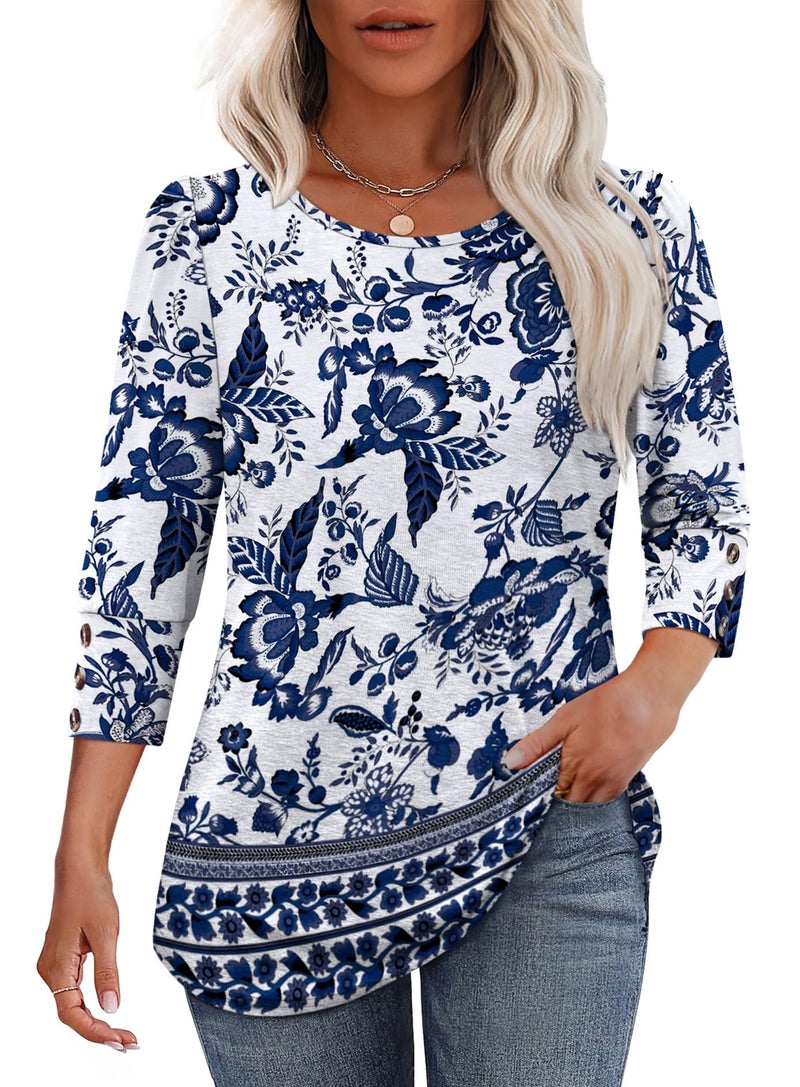 OFEEFAN Womens Shirts Dressy Casual Boho Tops Summer Outfits Beach Vacation Clothes Fashion Clothing 3/4 Length Sleeve Blouses Blue Floral L - Image 2