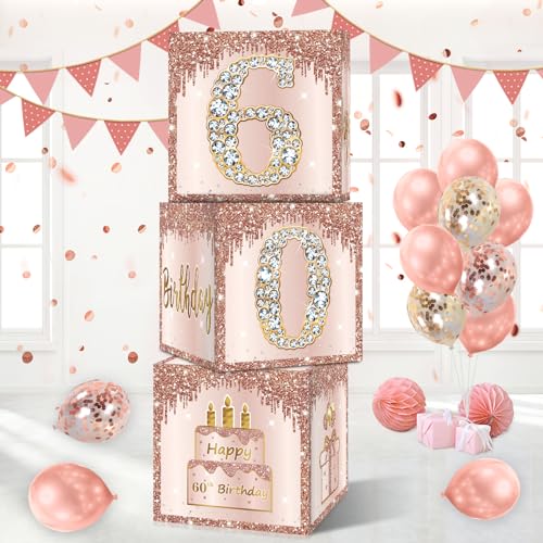 Guiruiy 3 Packs Pink Rose Gold 60th Birthday Balloon Boxes, 10.6 x 10.6 x 10.6 inches, Happy 60th Birthday Decorations for Women - Image 1