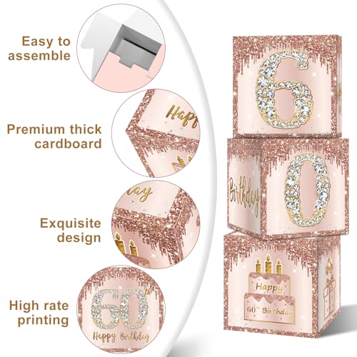 Guiruiy 3 Packs Pink Rose Gold 60th Birthday Balloon Boxes, 10.6 x 10.6 x 10.6 inches, Happy 60th Birthday Decorations for Women - Image 3