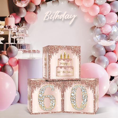 Guiruiy 3 Packs Pink Rose Gold 60th Birthday Balloon Boxes, 10.6 x 10.6 x 10.6 inches, Happy 60th Birthday Decorations for Women - Image 4