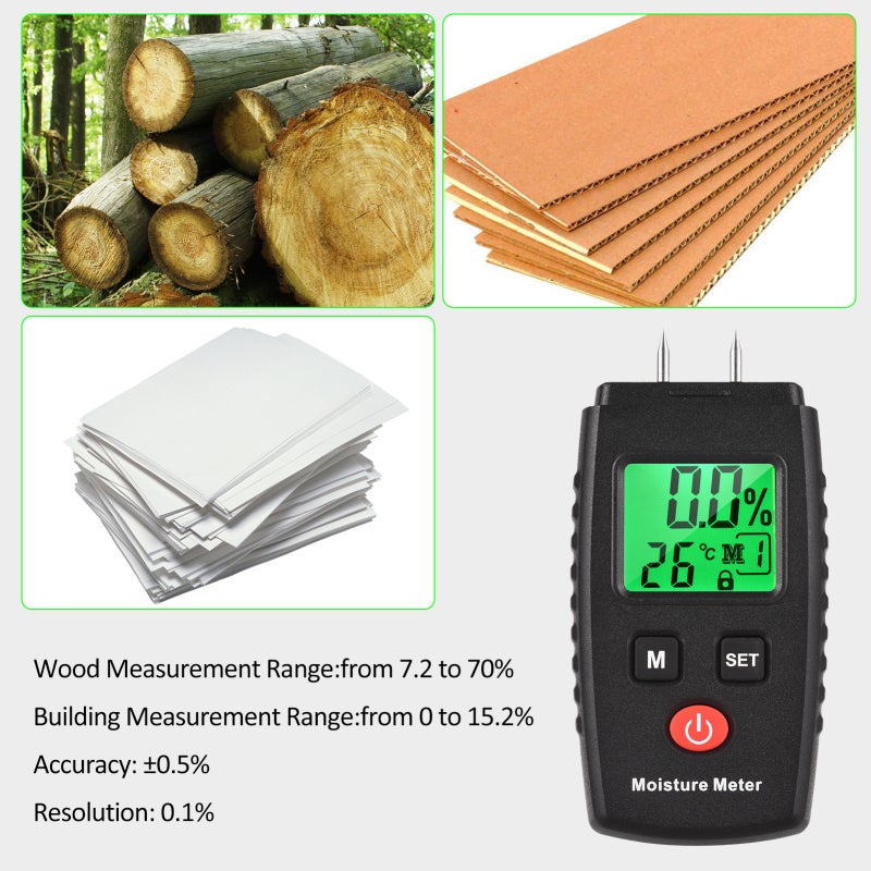 Wood Meter with 2 Electrode Pins Measurement Range 7.2 to 70% Accuracy ±0.5% - 4 Modes Digital Wood Detector for Woodworkers - Image 2