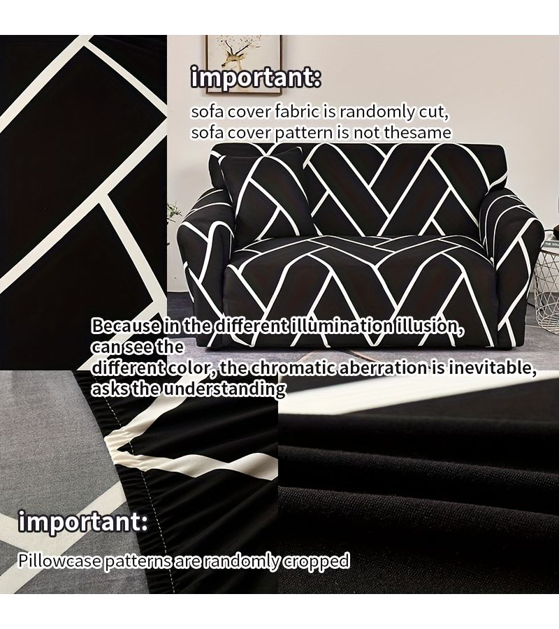 1pc All Season Universal High Elastic Full Cover Sofa Protector Anti Slip Dust Proof With Foam Strip And Matching Pillowcase For Bedroom Office Living Room Furniture Decoration Black And White Impression Single - Image 2