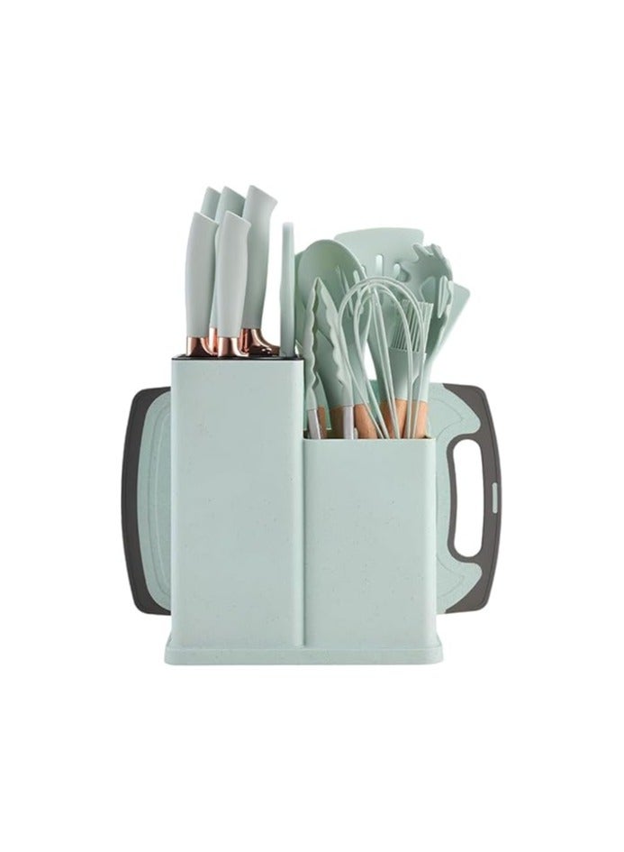 18-Piece Silicone Kitchen Knife and Utensil Set with Heat-Resistant, Non-Stick Wooden Handles – Includes Cutting Board – Green Color - Image 1