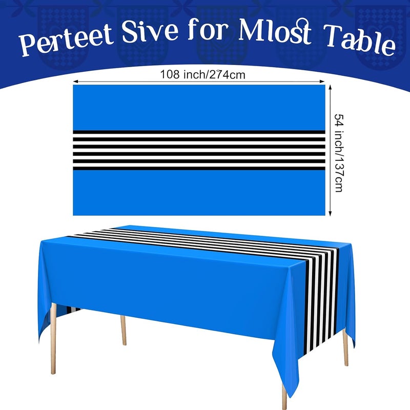 Oudain 6 Pcs Striped Tablecloth 108 x 54 Inch Disposable Plastic Table Cloth Waterproof Tablecloth Rectangle Table Cover for Birthday Wedding Bridal Party Supplies (Black White Dark Blue) - Image 2
