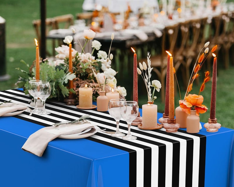 Oudain 6 Pcs Striped Tablecloth 108 x 54 Inch Disposable Plastic Table Cloth Waterproof Tablecloth Rectangle Table Cover for Birthday Wedding Bridal Party Supplies (Black White Dark Blue) - Image 4