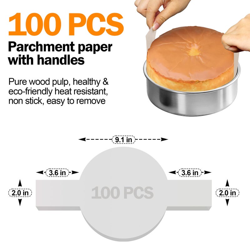Fcgbdbz 9 Inch Cake Pans Set of 2 with 100 Pieces Parchment Paper, Stainless Steel Round Cake Pans Baking Pan For Layered Cakes, No Coating Smash Cake Pans Mirror Finish Dishwasher Safe Cake Mold - Image 2