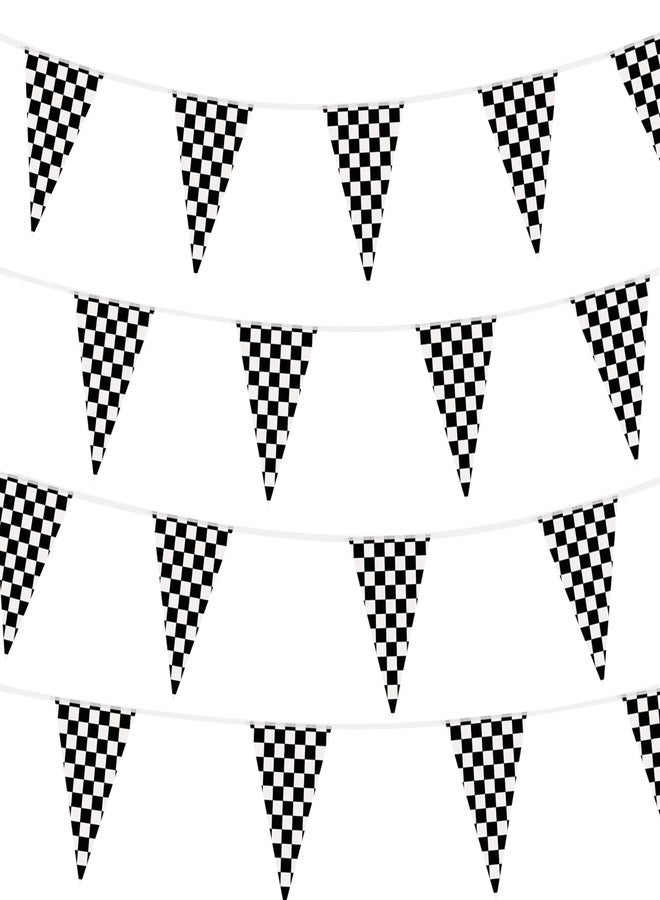 Keromtein 100ft Checkered Flag Banner, Racing Flags Race Car Wheels Birthday Party Decorations, Car Themed Party Decor Supplies 48pcs Double Sided Black and White Checkered Pennant Banner Flags for Nascar Fans - Image 1