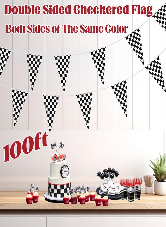Keromtein 100ft Checkered Flag Banner, Racing Flags Race Car Wheels Birthday Party Decorations, Car Themed Party Decor Supplies 48pcs Double Sided Black and White Checkered Pennant Banner Flags for Nascar Fans - Image 2