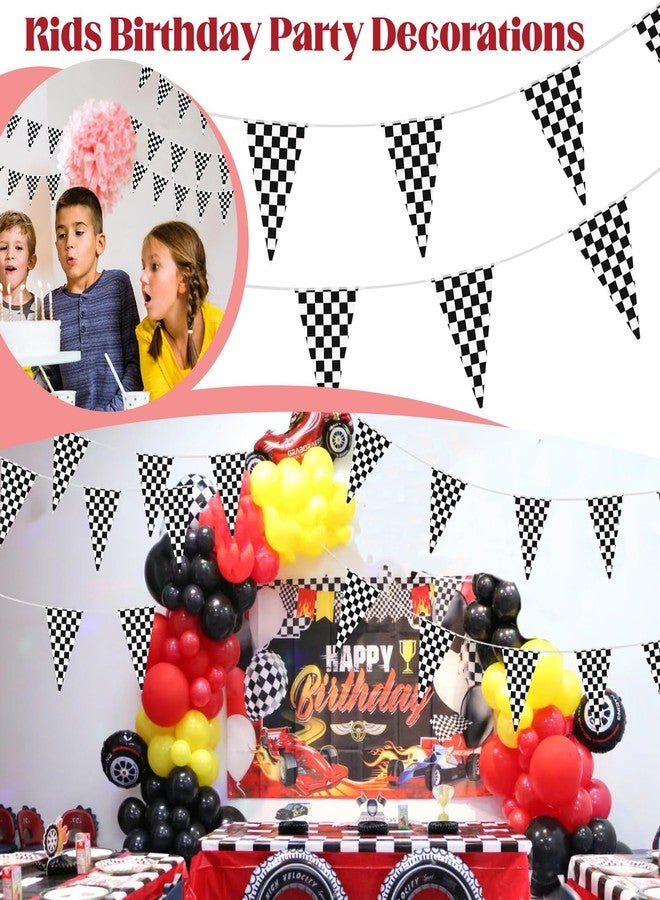 Keromtein 100ft Checkered Flag Banner, Racing Flags Race Car Wheels Birthday Party Decorations, Car Themed Party Decor Supplies 48pcs Double Sided Black and White Checkered Pennant Banner Flags for Nascar Fans - Image 4