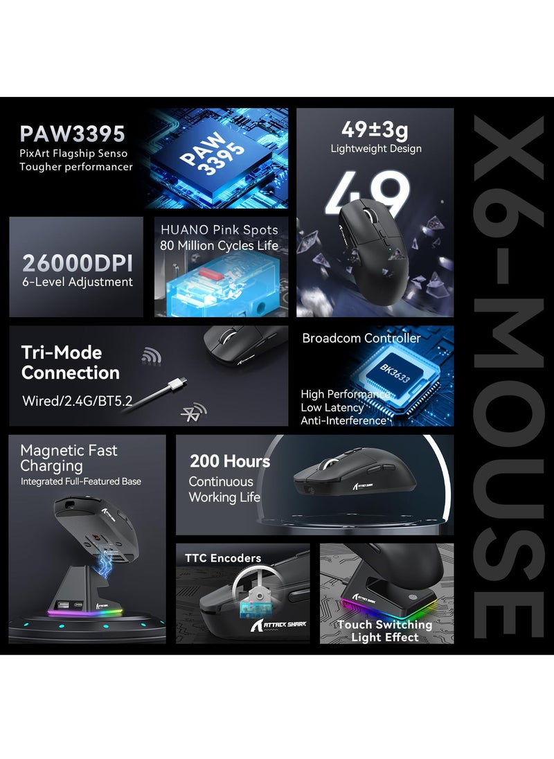 Attack Shark X6 Superlight Wireless Gaming Mouse with Magnetic RGB Charging Base, BT/2.4G Wireless/Wired Mouse, PixArt PAW3395 Sensor, 26000DPI, 200Hrs Battery for Win/Mac  - Image 4