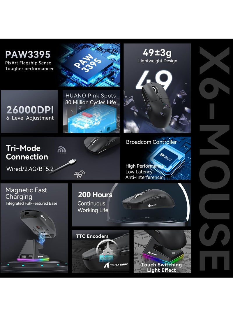 Attack Shark X6 Superlight Wireless Gaming Mouse with Magnetic RGB Charging Base, BT/2.4G Wireless/Wired Mouse, PixArt PAW3395 Sensor, 26000DPI, 200Hrs Battery for Win/Mac - Image 3
