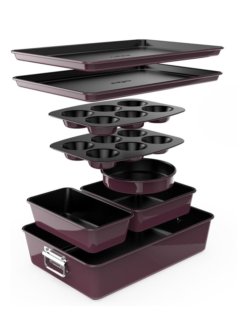 NutriChef - NutriChef 8-Piece Nonstick Stackable Bakeware Set - PFOA, PFOS, PTFE Free Baking Tray Set w/Non-Stick Coating, 450°F Oven Safe, Round Cake, Loaf, Muffin, Wide/Square Pans, Cookie Sheet (Plum) - Image 1