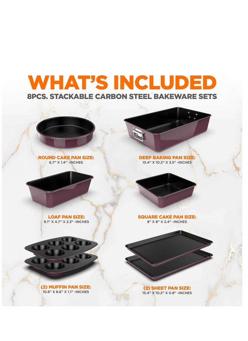 NutriChef - NutriChef 8-Piece Nonstick Stackable Bakeware Set - PFOA, PFOS, PTFE Free Baking Tray Set w/Non-Stick Coating, 450°F Oven Safe, Round Cake, Loaf, Muffin, Wide/Square Pans, Cookie Sheet (Plum) - Image 1
