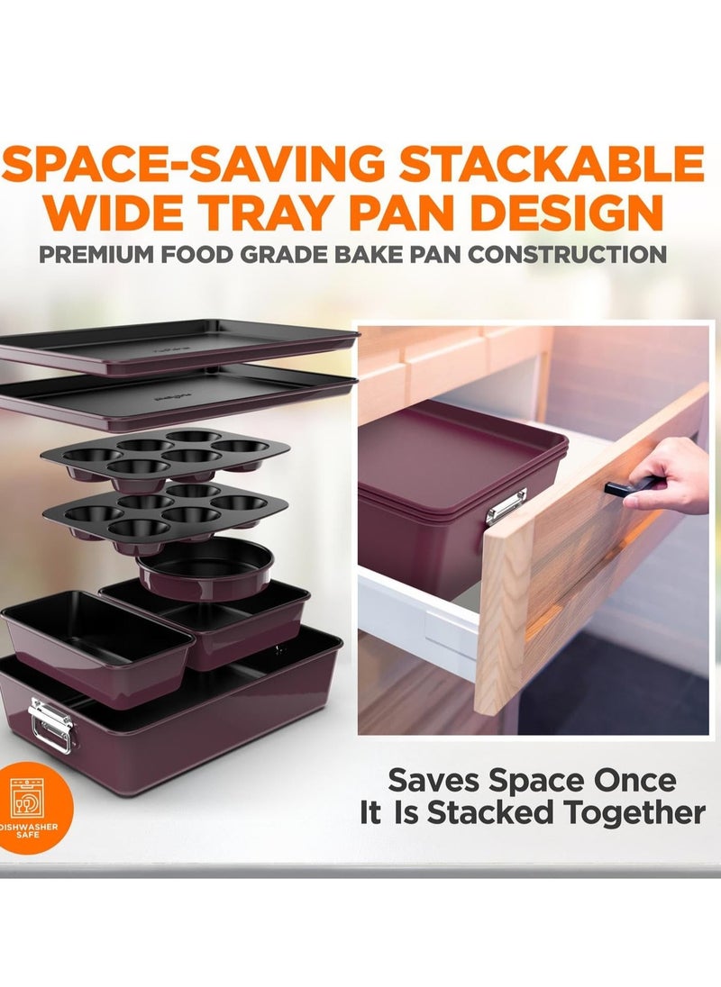 NutriChef - NutriChef 8-Piece Nonstick Stackable Bakeware Set - PFOA, PFOS, PTFE Free Baking Tray Set w/Non-Stick Coating, 450°F Oven Safe, Round Cake, Loaf, Muffin, Wide/Square Pans, Cookie Sheet (Plum) - Image 1