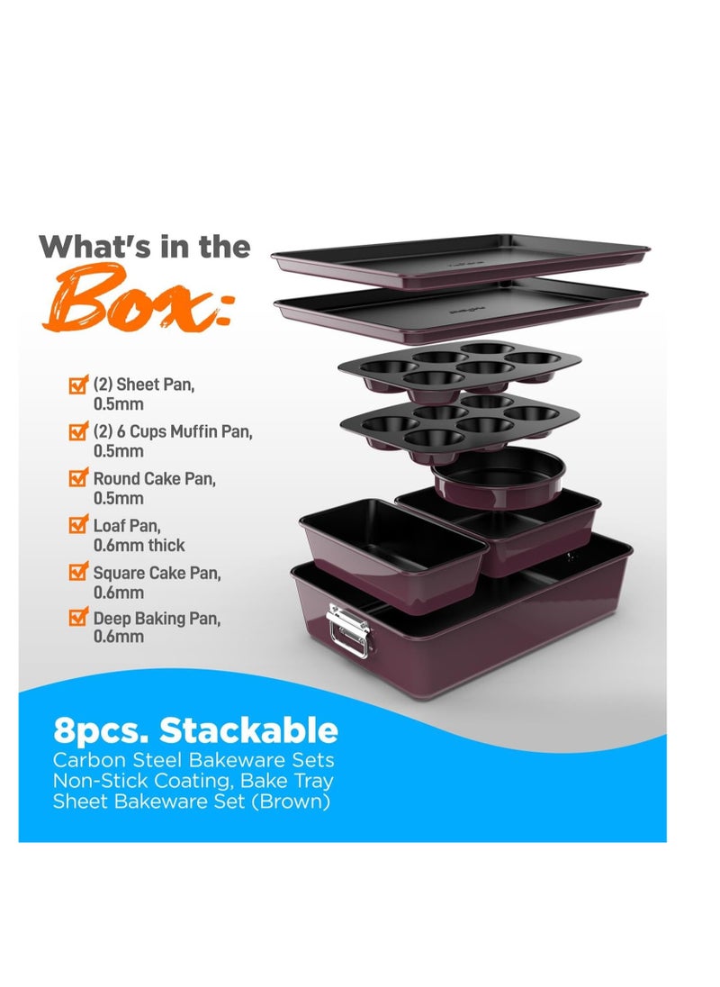 NutriChef - NutriChef 8-Piece Nonstick Stackable Bakeware Set - PFOA, PFOS, PTFE Free Baking Tray Set w/Non-Stick Coating, 450°F Oven Safe, Round Cake, Loaf, Muffin, Wide/Square Pans, Cookie Sheet (Plum) - Image 1