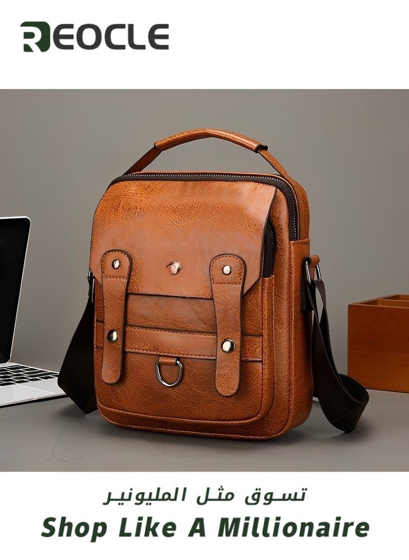REOCLE Men's Shoulder Bag Messenger Bag PU Leather Business Travel Crossbody Pack Satchel Side Bag Casual Handbags Man Bag for Working & Hiking & Traveling & Daily Use  - Image 4