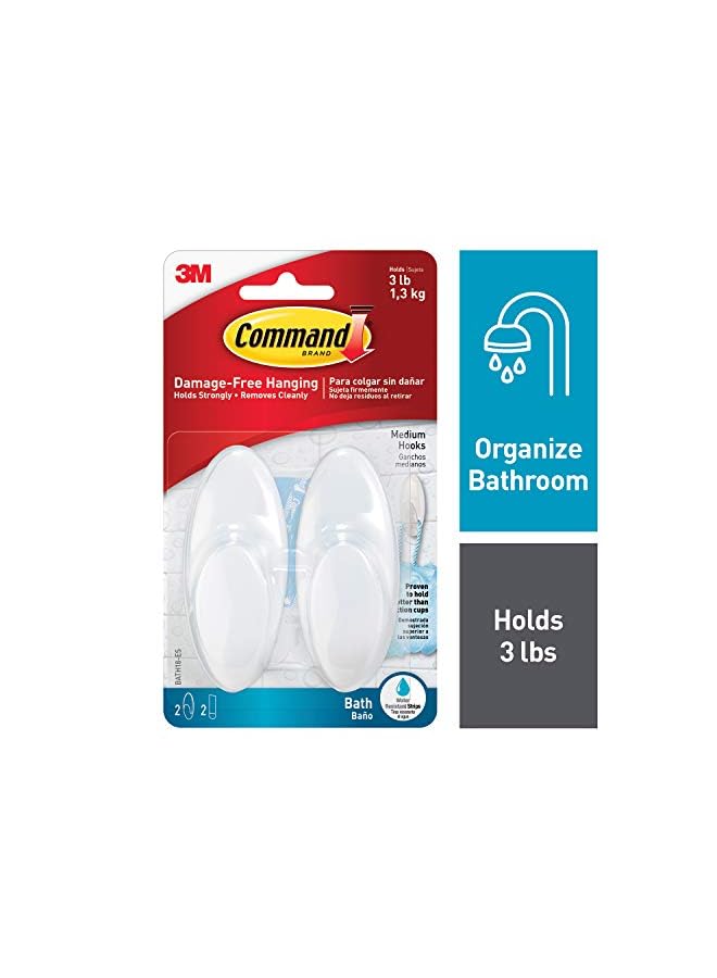 Command Bath Hook with Water Resistant Strips Medium BATH18 Clear Frosted, support 1.3kg, Organize and decorate Damage Free, 2Hooks+3S/Pack - Image 1
