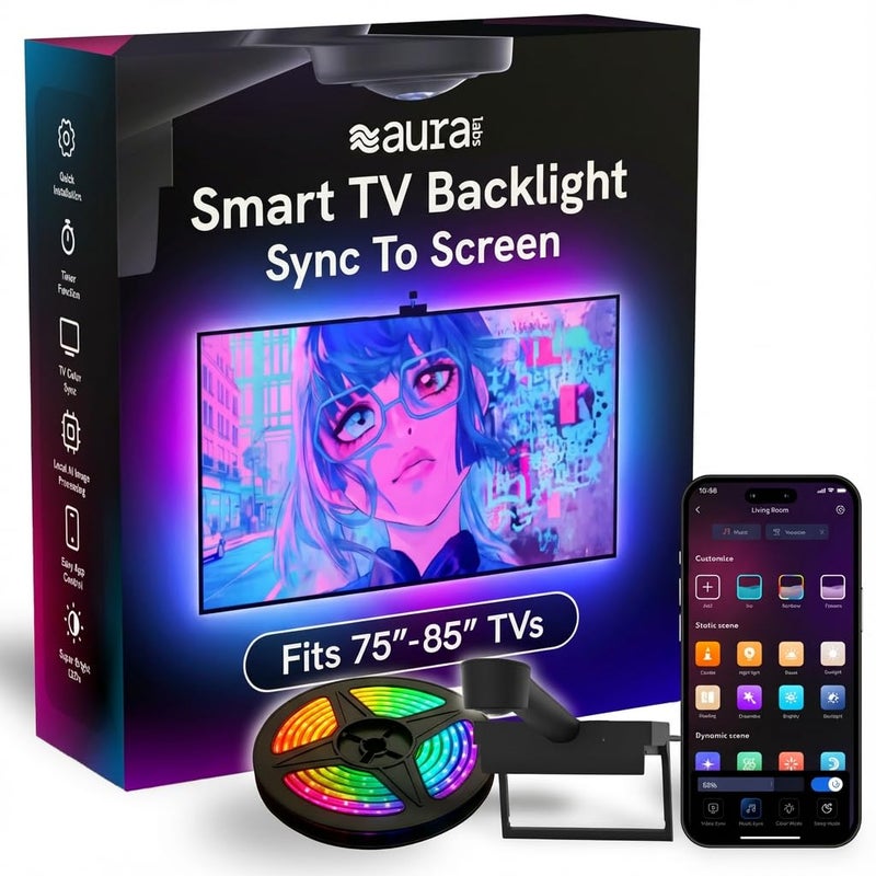 Aura Labs Smart TV Backlight Sync to Screen for 70-85 Inch TV - Camera-Based Color Match - Backlighting for TV - Voice and App Control - RGB LED Strip Light - LED Lights for TV - Image 1
