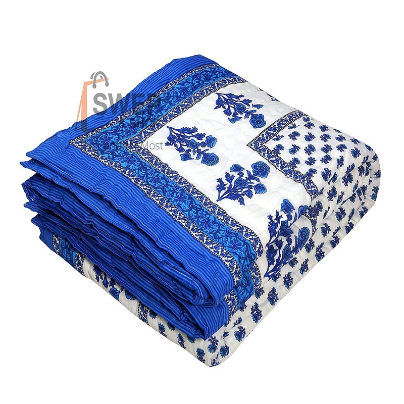 LOARSHY Pure Cotton Floral Printed Quilt | Lightweight and Warm Jaipuri Rajasthani Single Bed Razai | Soft Razai for Winters | Gift Item (Dark Blue, TC-250) - Image 2