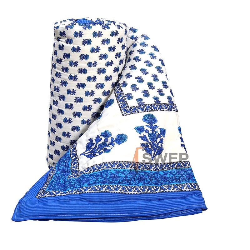 LOARSHY Pure Cotton Floral Printed Quilt | Lightweight and Warm Jaipuri Rajasthani Single Bed Razai | Soft Razai for Winters | Gift Item (Dark Blue, TC-250) - Image 1
