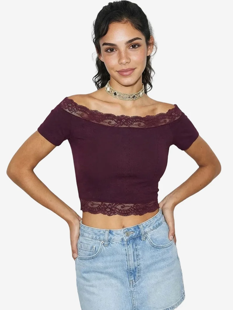 Bianco Lucci LUCCI Off Shoulder Lace Detailed Crop Blouse