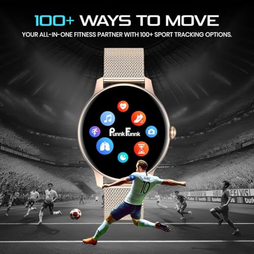PunnkFunnk Glavito Round Dial Smartwatch 1.49" AMOLED Display, 100+ Sports Modes, Health Tracking, Bluetooth Calling, Functional Crown Control, 100+ Watch Faces for Men & Women (Millanese Gold) - Image 5
