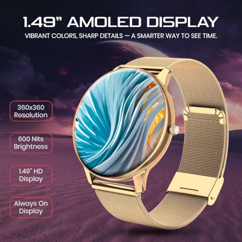 PunnkFunnk Glavito Round Dial Smartwatch 1.49" AMOLED Display, 100+ Sports Modes, Health Tracking, Bluetooth Calling, Functional Crown Control, 100+ Watch Faces for Men & Women (Millanese Gold) - Image 2