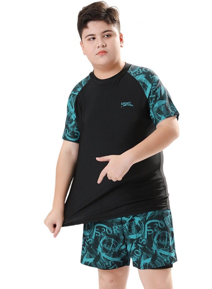 Loquat Boys Quick Dry Split Swimsuits Set Short Sleeve Swim Shirts ,Swim  Trunks With Compression Liner And Swim Cap Set - Image 2