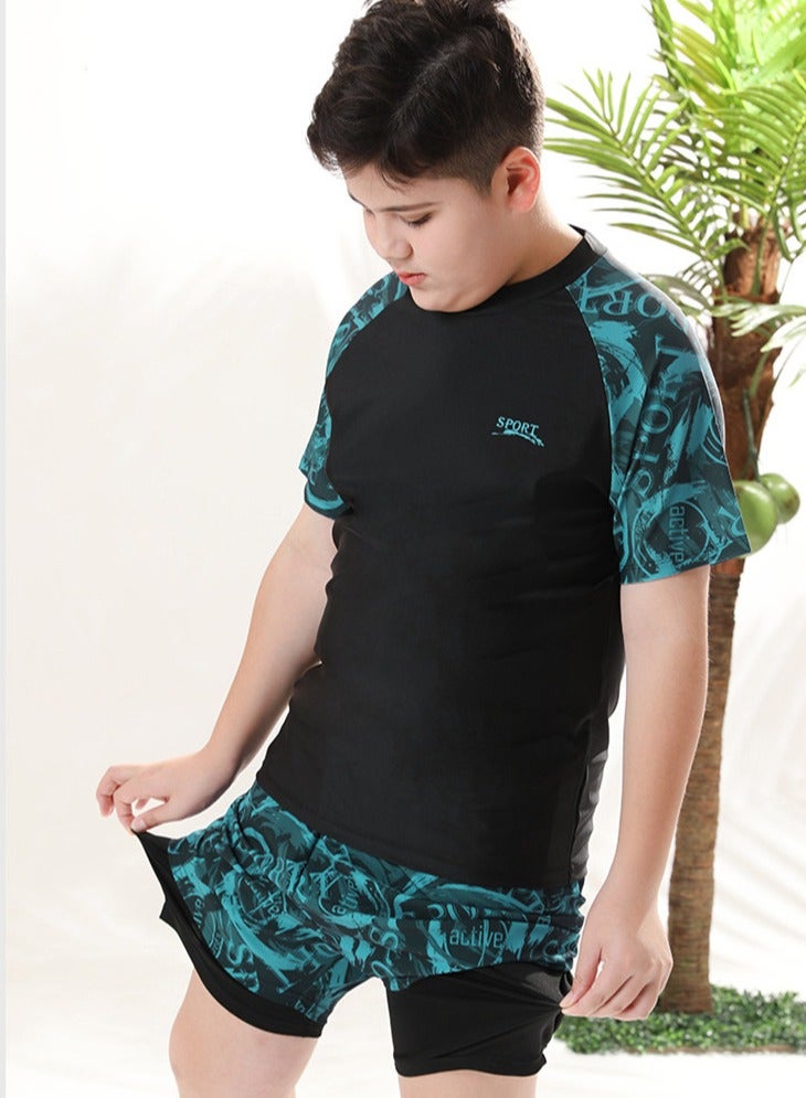 Loquat Boys Quick Dry Split Swimsuits Set Short Sleeve Swim Shirts ,Swim  Trunks With Compression Liner And Swim Cap Set - Image 3