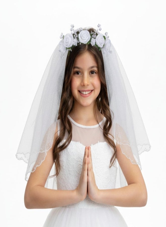 Devino Ora Veil attractive foam Flower Headband Hair Wreath Floral Crown Veil First Holy Communion Headpiece Veil confirmation Veil For Girls for Christian rituals (Medium) - Image 1