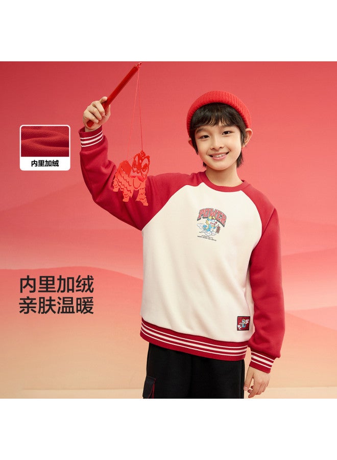 Balabala Fleece-lined Chinese-style Printed Kids' Hoodie, Embroidered Boys' Long-sleeve Loose Top, 2025 Spring Children's Clothing - Image 2