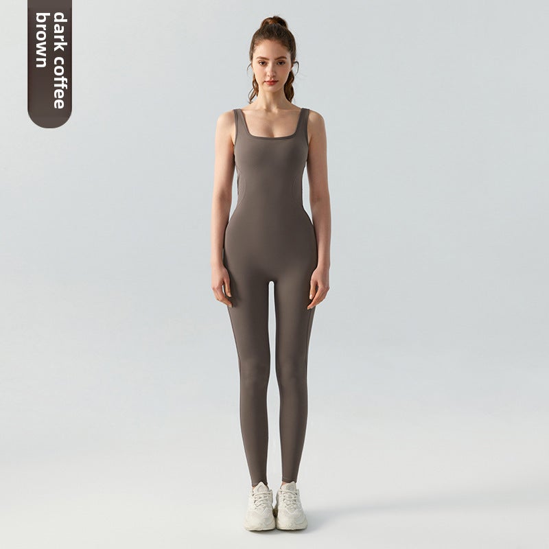 Sleeveless U-Neck Yoga Jumpsuit Slimming Backless dark coffee brown