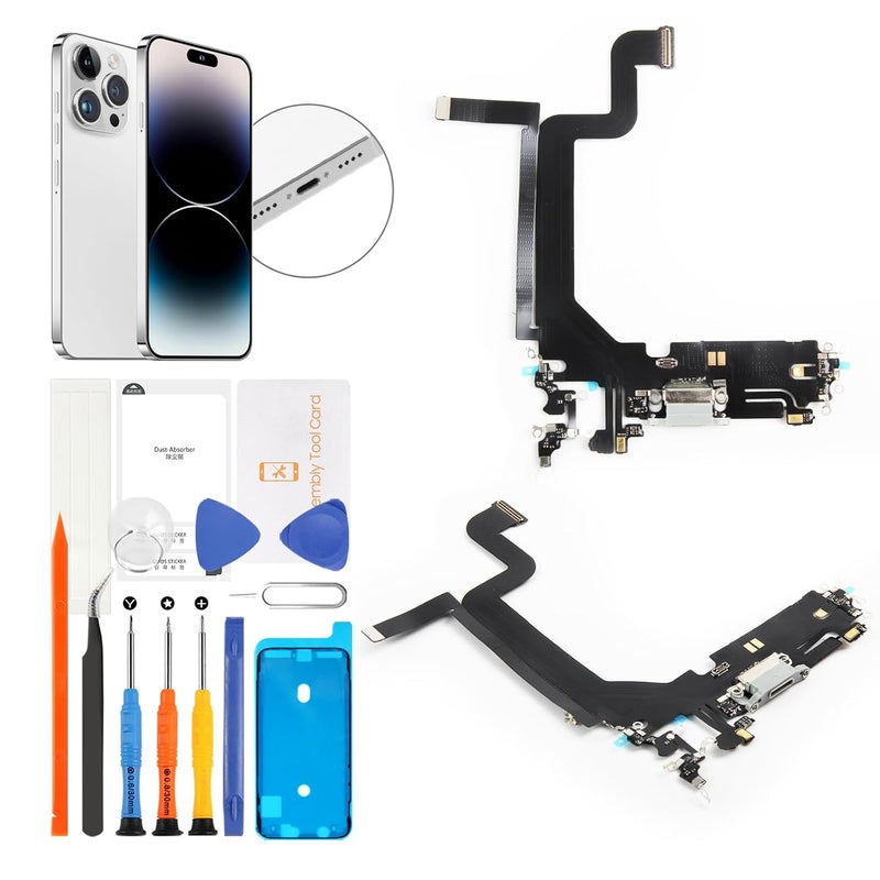Olivechard for iPhone 14 Pro Max Lightning Charging Port Replacement (Silver) USB Dock Connector Flex Cable Assembly Includes Waterproof Tape & Tool Kit for A2651, A2894, A2895, A2896 - Image 1