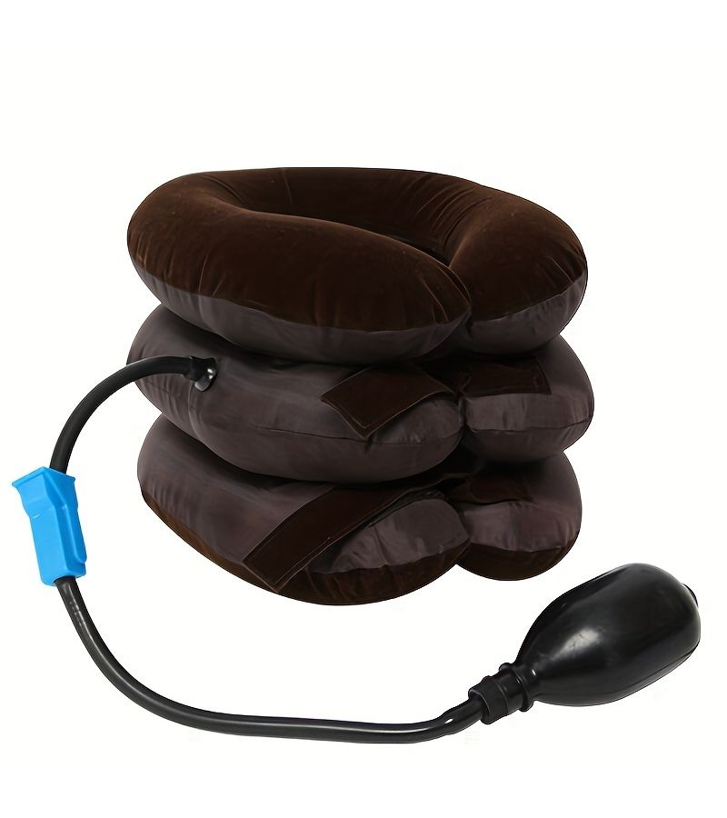 Coffee Brown Inflatable Neck Pillow Relaxes Stretches Adjustable Softness Three Layers - Image 4
