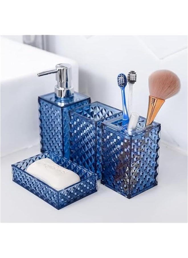 HOOKOR - Premium Bathroom Accessory Set,4 Pcs Modern Glass Bathroom Decor Vanity Organizer, Lotion Soap Dispenser, Soap Dish, Toothbrush Holder, Tumbler,Perfect for Bathroom Theme Gift (Blue) - Image 1