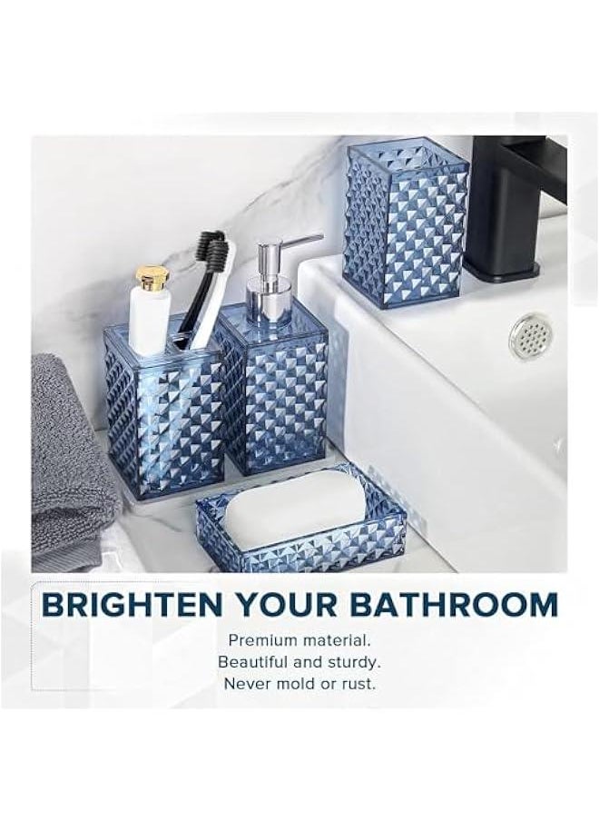 HOOKOR - Premium Bathroom Accessory Set,4 Pcs Modern Glass Bathroom Decor Vanity Organizer, Lotion Soap Dispenser, Soap Dish, Toothbrush Holder, Tumbler,Perfect for Bathroom Theme Gift (Blue) - Image 1