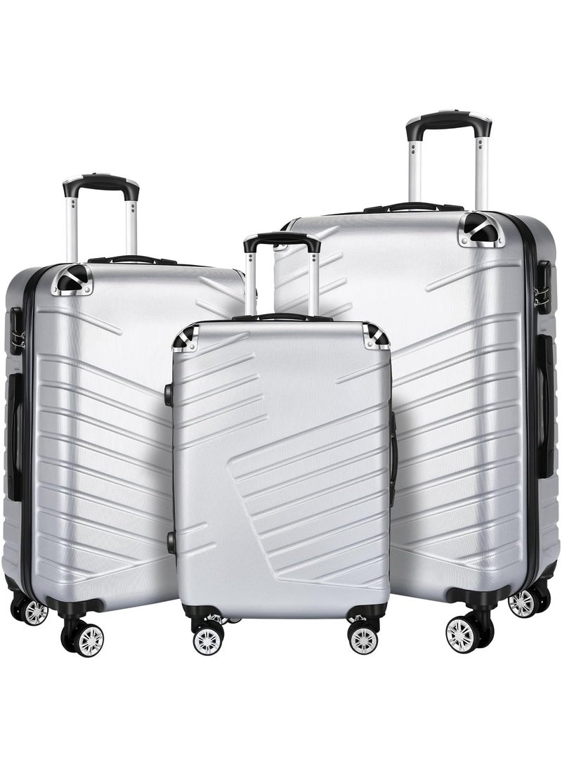 طقم حقائب سفر من 3 قطع، مقاس 20 بوصة، 24 بوصة، 28 بوصة، مصنوع من هيكل صلب، مع عجلات دوارة 360 درجة، وقفل إدارة أمن النقل، ومادة ABS متينة ومقاومة للخدش (فضي) - Image 1