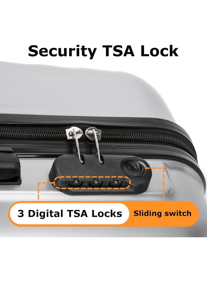 طقم حقائب سفر من 3 قطع، مقاس 20 بوصة، 24 بوصة، 28 بوصة، مصنوع من هيكل صلب، مع عجلات دوارة 360 درجة، وقفل إدارة أمن النقل، ومادة ABS متينة ومقاومة للخدش (فضي) - Image 5