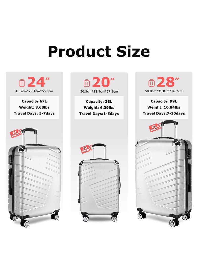 طقم حقائب سفر من 3 قطع، مقاس 20 بوصة، 24 بوصة، 28 بوصة، مصنوع من هيكل صلب، مع عجلات دوارة 360 درجة، وقفل إدارة أمن النقل، ومادة ABS متينة ومقاومة للخدش (فضي) - Image 2