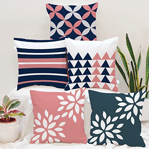 BRICK HOME Set of 5 Printed Polycotton Cushion Covers 24x24 Inches | Geometric & Floral Pattern | Navy Blue, Blush Pink & White | Soft Fabric Decorative Pillow Covers for Sofa, Couch & Living Room - Image 1